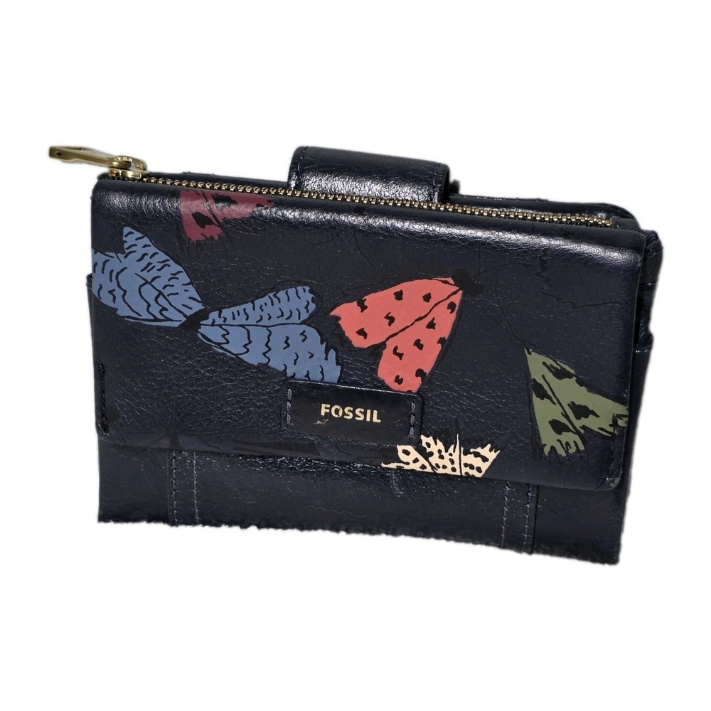 Fossil Ellis Buffalo Hide Leather Womens Wallet Blue Zip Snap Compartments